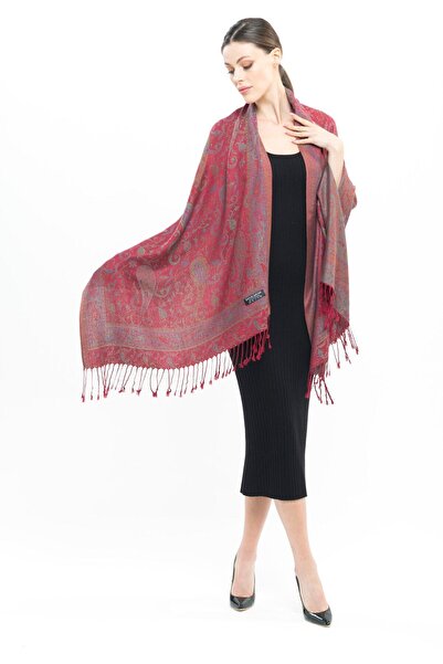 KUVARK Pashmina Cashmere Shawl |   Burgundy - Gray |   100% Cashmere |   Good Quality and Stylish Design