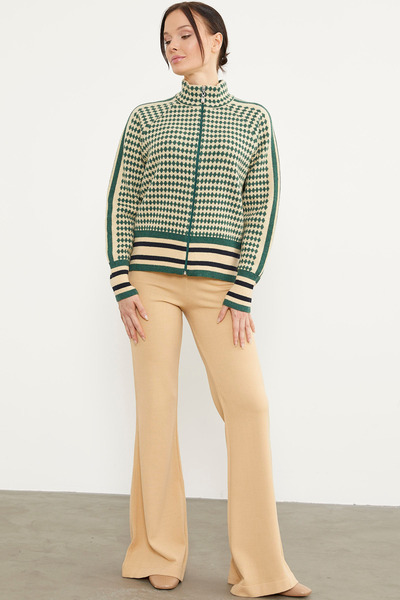 Sementa Houndstooth Patterned Zippered Knitwear Cardigan - Green