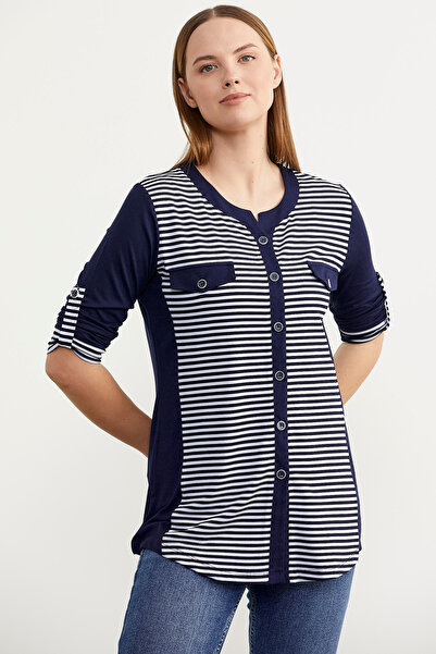 Sementa Ριγέ μπλουζάκι τσέπης τριών τετάρτων - Navy Blue