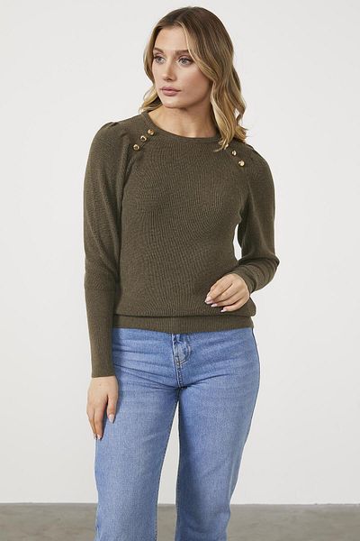 Sementa Crew Neck Buttoned Shoulders Knitwear Sweater - Khaki