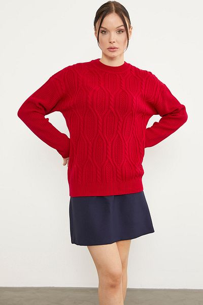 Sementa Oversize Embossed Patterned Knitwear Sweater - Red