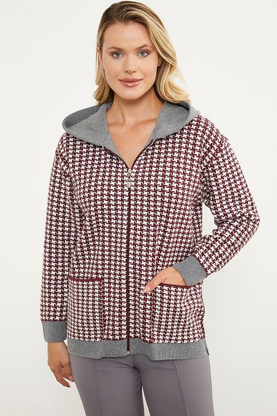 Sementa Cardigan din tricotaje cu buzunare cu model Houndstooth - Roșu Claret
