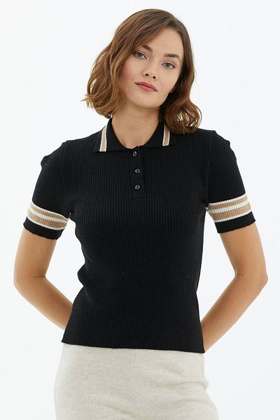 Sementa Pulover negru cu guler polo cu mânecă scurtă