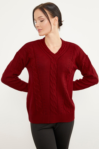 Sementa Hair Braided V-Neck Knitwear Sweater - Red