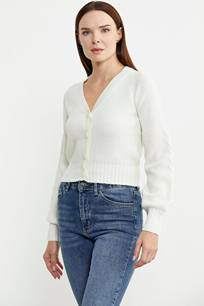 Sementa Kısa Düğmeli Yünlü Triko Hırka - Kemik