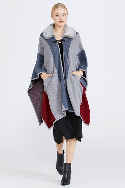 Sementa Women's Fur Collar Knitwear Poncho - Gray