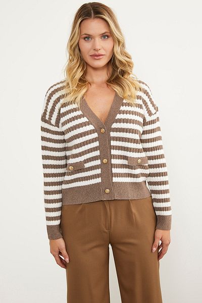 Sementa Cardigan de tricotaj cu buzunar cu dungi - Maro Lapte