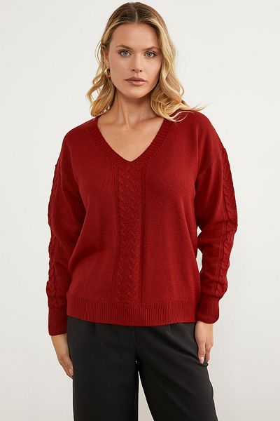 Sementa V-Neck Knitwear Sweater with Hair Knit Detail - Red