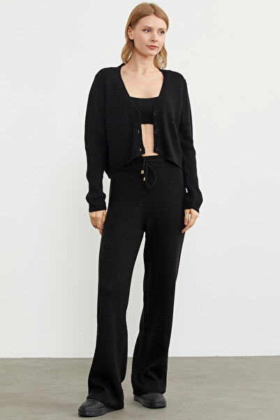 Sementa Thin Corded Elastic Waist Knitwear Trousers - Black