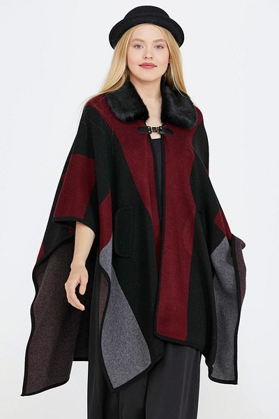 Sementa Women's Fur Collar Knitwear Poncho - Black
