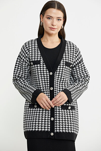 Sementa Black Oversize Knitwear Jacket - Houndstooth Motif