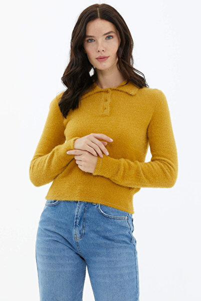 Sementa Polo Yaka Patlı Düğmeli Triko Kazak - Hardal