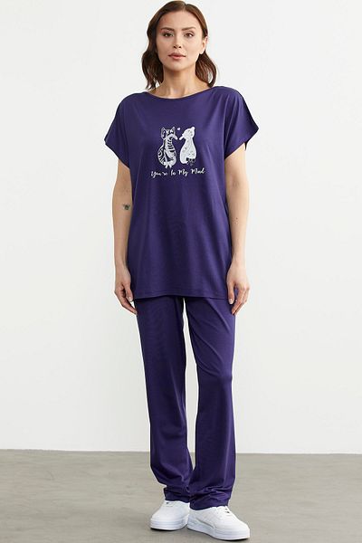 Sementa Navy Blue Printed Trousers and Blouse Combed Cotton Set