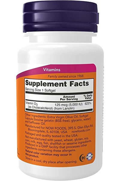 Now Foods Vitamin D-3 5,000 Iu, 120 Softgels Cholecalciferol From Lanolin D3