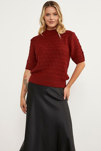 Sementa Bow Patterned Short Sleeve Knitwear Sweater - Red