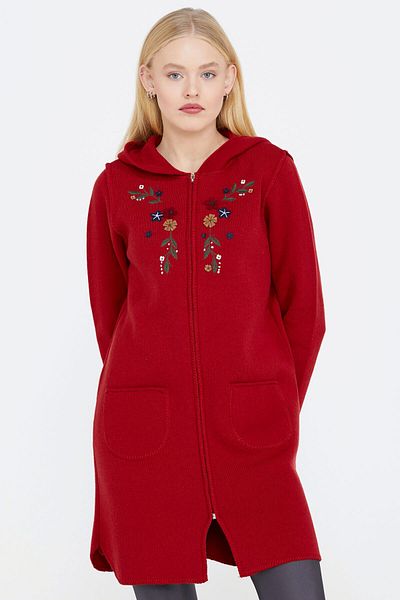 Sementa Embroidery Patterned Hooded Women's Knitwear Jacket - Red