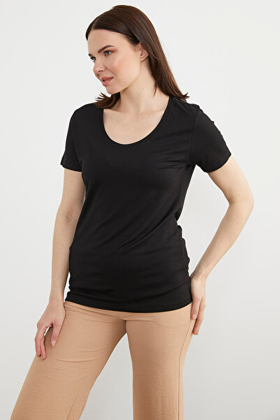 Sementa Μπλουζάκι με ανοιχτό γιακά από χτενισμένο βαμβακερό - μαύρο