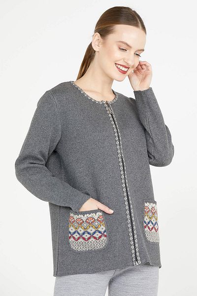 Sementa Women's Zippered Pocket Knitwear Jacket - Dark Gray - Cream
