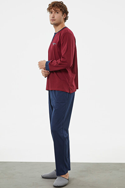 Sementa Patlı Çift Renk Düğmeli Pijama Takımı - Bordo