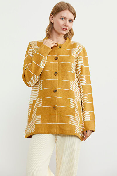 Sementa Thick Woolen Block Pattern Knitwear Jacket - Sun