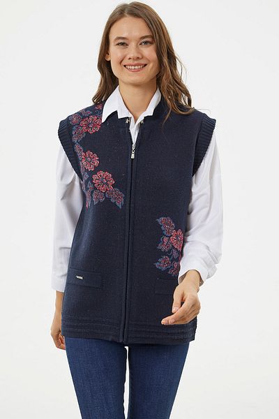 Sementa Zippered Floral Motif Knitwear Vest - Navy Blue