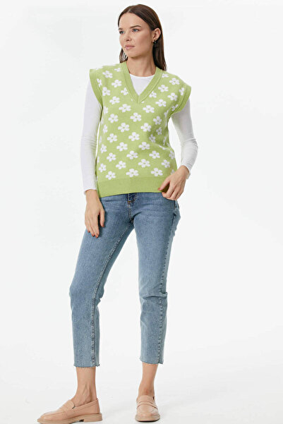 Sementa V-Neck Floral Motif Knitwear Sweater - Green