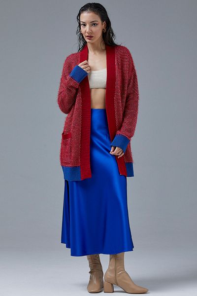 Sementa V-Neck Pocket Knitted Cardigan - Saks - Red