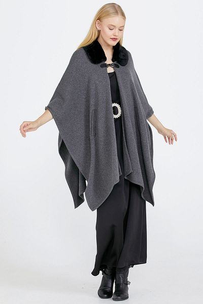 Sementa Women's Faux Fur Detailed Knitwear Poncho - Dark Gray