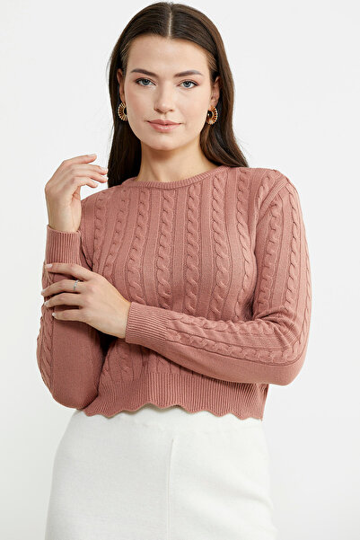 Sementa Saç Örgü Dilimli Crop Triko Kazak - Gül