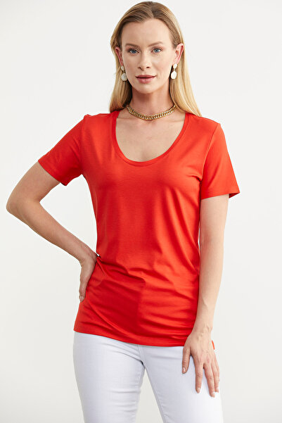 Sementa Μπλουζάκι από χτενισμένο βαμβακερό με ανοιχτό γιακά σε κοραλί χρώμα