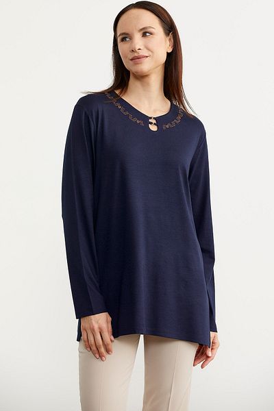 Sementa Tricou din bumbac pieptănat cu mânecă lungă cu guler brodat - bleumarin
