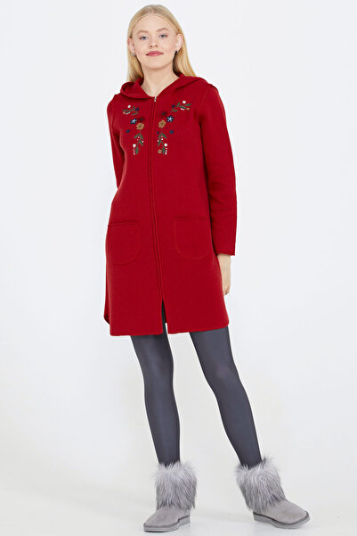 Sementa Embroidery Patterned Hooded Women's Knitwear Jacket - Red