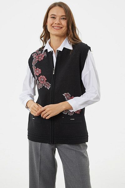Sementa Zippered Floral Motif Knitwear Vest - Black