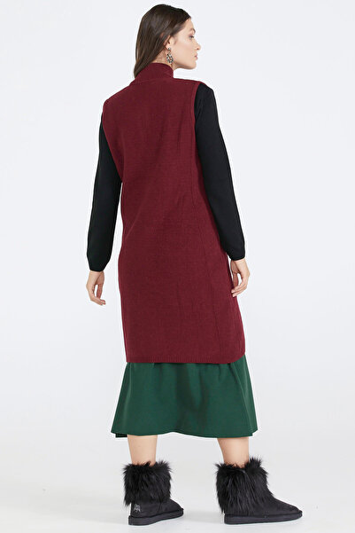 Sementa Women's Stand Collar Quilted Zippered Knitwear Vest - Claret Red