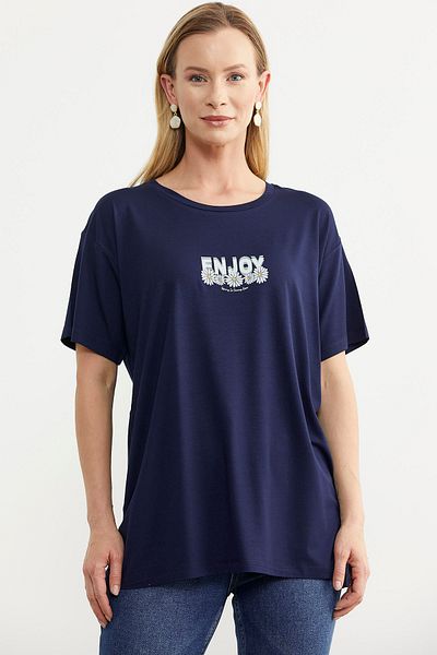Sementa Tricou din bumbac pieptănat cu imprimeu fluent albastru bleumarin