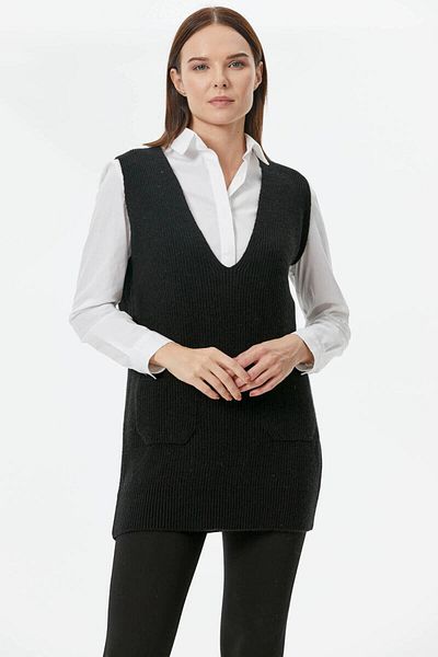 Sementa Deep V-Neck Long Knitwear Sweater with Pockets - Black