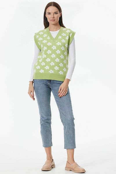 Sementa V-Neck Floral Motif Knitwear Sweater - Green