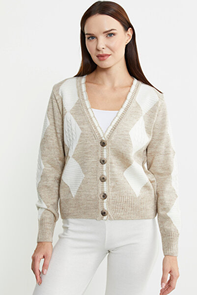Sementa Beige Diamond Patterned Double Color Wool Knitwear Cardigan
