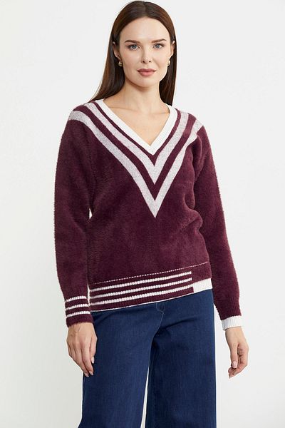 Sementa Pulover combinat de tricotaje de culoare burgundy cu decolteu în V