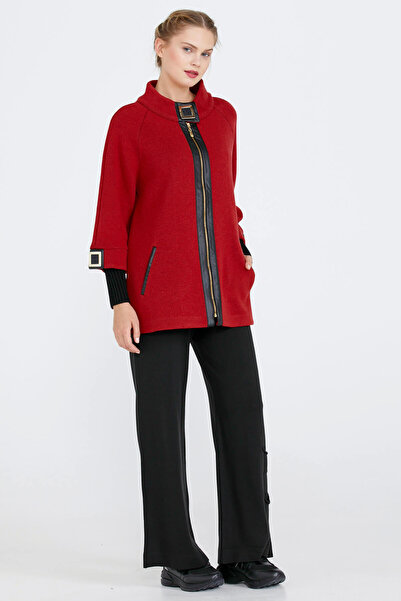 Sementa Women's Knitwear Jacket with Buckle Detail and Zipper - Red - Black