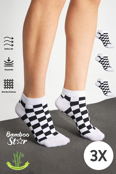 bamboo star Ciorapi premium fără cusături pentru femei Bamboo, alb, negru, cu modele pătrate, pachet de 3