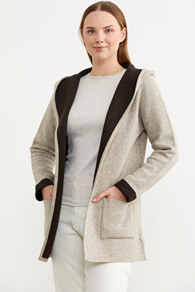 Sementa Μάλλινο Πλεκτό Μπουφάν με Τσέπες και Κουκούλα - Βιζόν - Καφέ