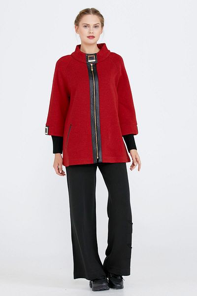 Sementa Women's Knitwear Jacket with Buckle Detail and Zipper - Red - Black