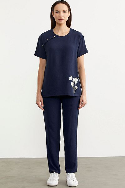 Sementa Double Crepe Set with Print Detail - Navy Blue