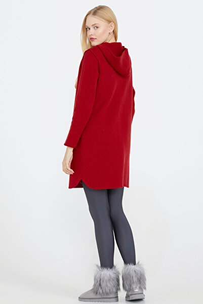 Sementa Embroidery Patterned Hooded Women's Knitwear Jacket - Red