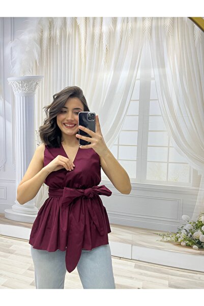 BYB Poplin kumaş kruvaze yaka bordo bluz