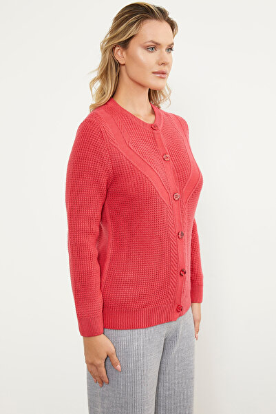 Sementa Honeycomb Knitted Buttoned Knitwear Cardigan - Coral