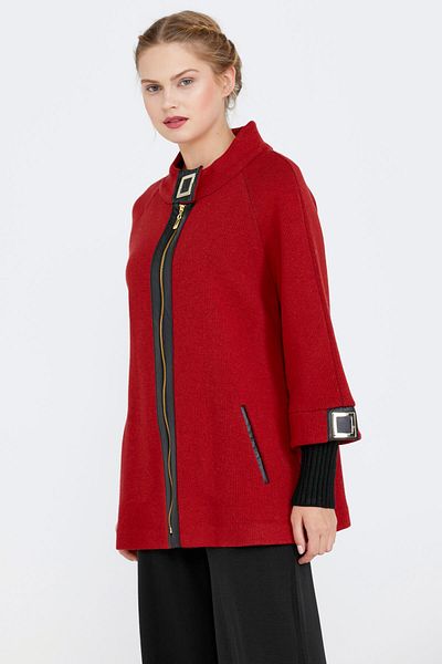Sementa Women's Knitwear Jacket with Buckle Detail and Zipper - Red - Black