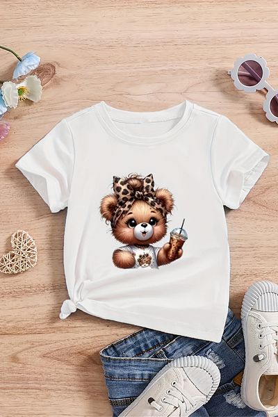 MYADA Tricou pentru fete, cu imprimeu premium cu ursuleț de pluș, 23561