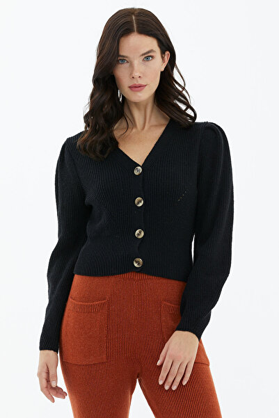 Sementa Μπαλόνι Μανικετόκουμπα Πλεκτό Ζακέτα Μαύρη